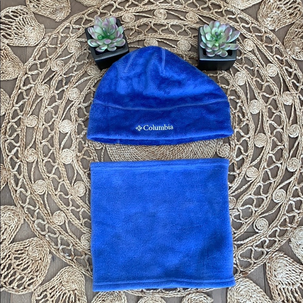 Fuzzy blue winter hat with neck cover